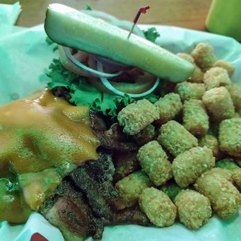 O'Briens Sports Pub - Bacon cheese burger 1/2 pound patty with tater tots - Sports Bars Near Me - Phoenix, Arizona O'Briens Sports Pub - Bacon cheese burger 1/2 pound patty with tater tots - Sports Bars Near Me - Phoenix, Arizona