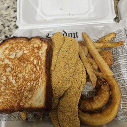 Catfish plate with fried and onion rings.