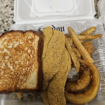 JLB Eatery - Catfish plate with fried and onion rings. - Burgers Near Me - Cypress, Texas