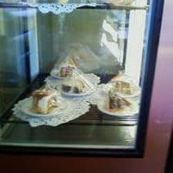 The dessert selection from the pastel pink display cooler. Yummy.