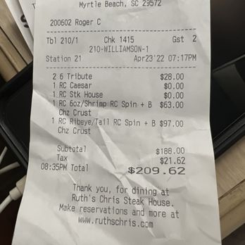 Ruth's Chris Steak House - Myrtle Beach - Receipt - Steakhouses Near Me - Myrtle Beach, South Carolina Ruth's Chris Steak House - Myrtle Beach - Receipt - Steakhouses Near Me - Myrtle Beach, South Carolina