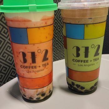37.2 Degree Cafe & Curry - Uji Matcha W. Tiramisu Foam (right)   Strawberry Bubble Milk (left) - Japanese Curry Near Me - West Covina, California