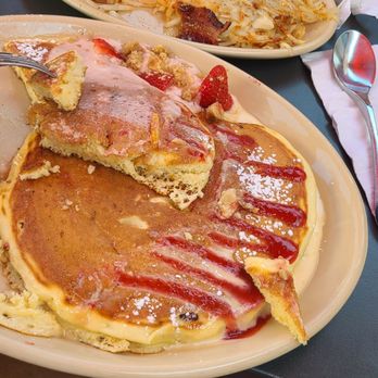 Snooze, an A.M. Eatery - (Front to back) Strawberry shortcake pancakes, hashbrowns, THE habanero bacon!! - Breakfast & Brunch Near Me - Charlotte, North Carolina Snooze, an A.M. Eatery - (Front to back) Strawberry shortcake pancakes, hashbrowns, THE habanero bacon!! - Breakfast & Brunch Near Me - Charlotte, North Carolina