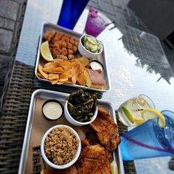 Firefly's BBQ - Catfish, collards greens, dirty rice, cucumber salad, chips