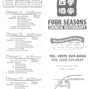 Four Seasons Chinese Restaurant - Carry-out menu p1 - Dim Sum Near Me - Clovis, California Four Seasons Chinese Restaurant - Carry-out menu p1 - Dim Sum Near Me - Clovis, California