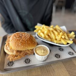 Coyote Coffee - Chicken sandwich ( just no veggies or sauce at child's request) and cheese fries