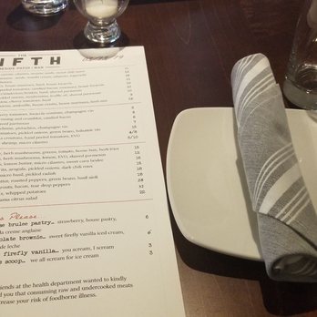 The Fifth - The setting of the menu and silverware. - New American Near Me - Richardson, Texas The Fifth - The setting of the menu and silverware. - New American Near Me - Richardson, Texas