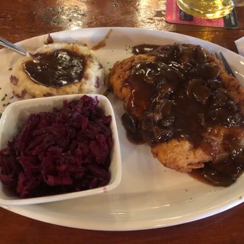 Hessen Haus - Jagerschnitzel, red cabbage, mashed potatoes. - German Near Me - Des Moines, Iowa