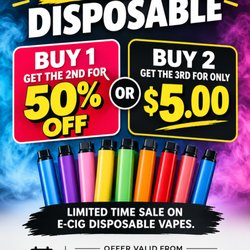 Super Smoke & Convenient - October 5-17, 2026
Limited-time e-cigarette disposable offers are available during this period.