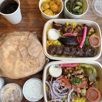 Mazra - Chicken and beef combo plate (roasted potatoes, veggies), chicken shawarma plate (tzatziki, hummus) - Mediterranean Near Me - San Bruno, California