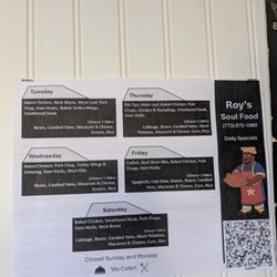Roy's Soul Food - Menu. Slightly differs from the larger menu posted to the right of this, so not sure which one is accurate.