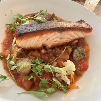 Perry St - Crispy skin salmon with ratatouille - New American Near Me - New York, New York Perry St - Crispy skin salmon with ratatouille - New American Near Me - New York, New York