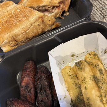JJ's Cuban Kitchen - Cuban sandwich, yuca fries (with a yummy garlic oil) and fried plantains - Cuban Near Me