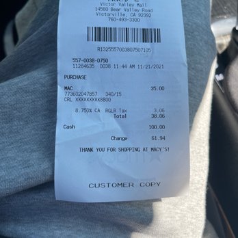 Macy's - Macys Receipt .. son sad show they treat their customers. - Men's Clothing Near Me - Victorville, California