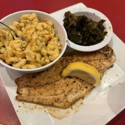 Blackened red snapper, Mac and cheese, Collard Greens