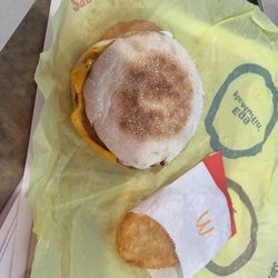 Sausage, egg and cheese McMuffin and hash browns. It hit the spot