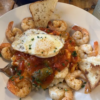 Milton's - Double Shrimp and grits with an over medium egg - New American Near Me - Crystal, Minnesota
