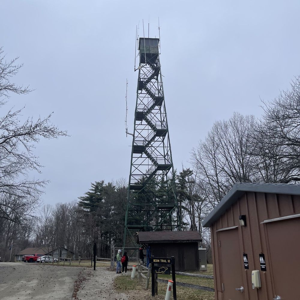 Fire-tower 90' tall. Park office in background and restrooms.