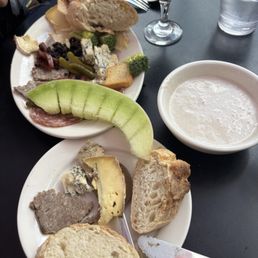 Pate', cheese, baguette and a coconut banana soup Pate', cheese, baguette and a coconut banana soup