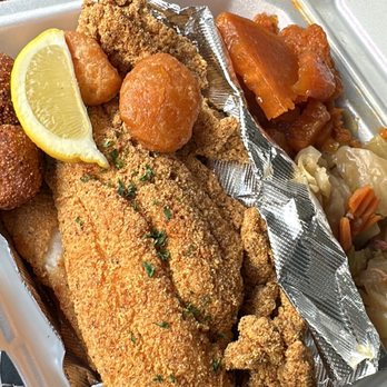 Nana's Kitchen - Catfish fillet 2, yams & cabbage - Soul Food Near Me - Fort Worth, Texas Nana's Kitchen - Catfish fillet 2, yams & cabbage - Soul Food Near Me - Fort Worth, Texas