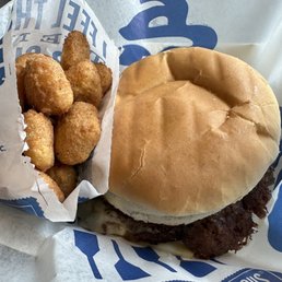 Mushroom Swiss burger and cheese curds