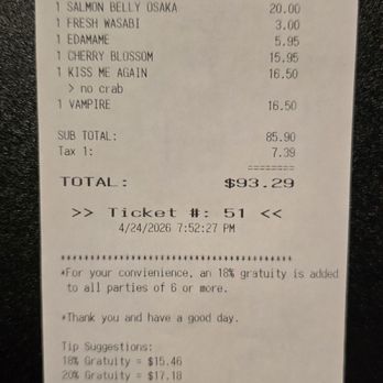 Ari Sushi - Prices are great and note tip doesn't include sales tax! - Sushi Bars Near Me - Cave Creek, Arizona