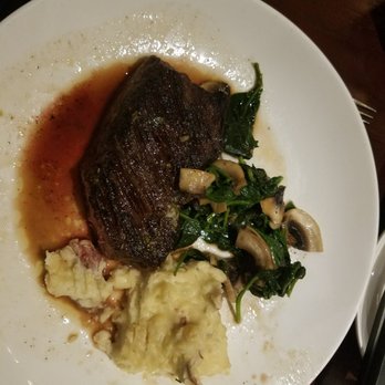 Steak + Vine - Wagyu Steak with mashed potatoes and spinach with mushrooms - Steakhouses Near Me - La Grange, Illinois Steak + Vine - Wagyu Steak with mashed potatoes and spinach with mushrooms - Steakhouses Near Me - La Grange, Illinois