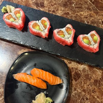 Sakura - Salmon nigiri and heart roll - Sushi Bars Near Me - Mililani, Hawaii Sakura - Salmon nigiri and heart roll - Sushi Bars Near Me - Mililani, Hawaii