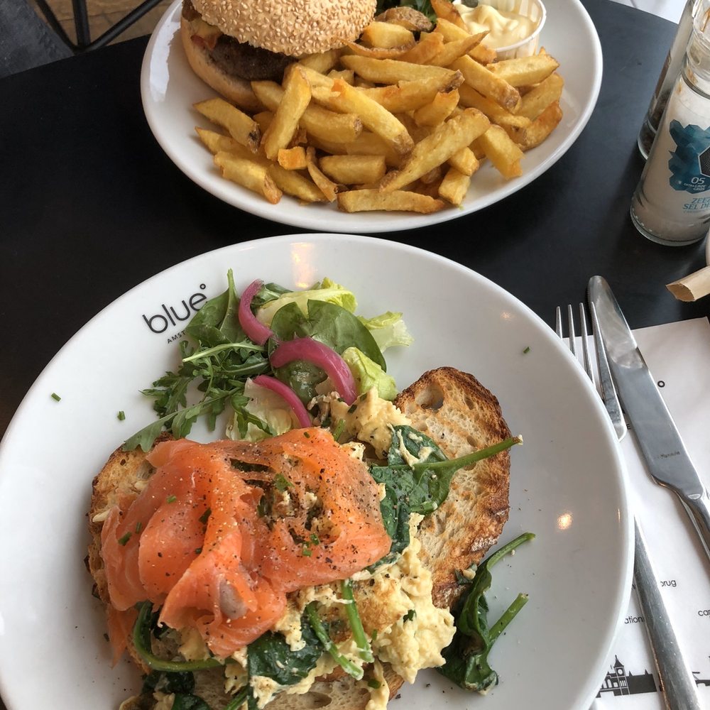 Blue Amsterdam - Salmon plus eggs and burger with some fries and salad. - Bars Near Me - Amsterdam, New Hampshire Blue Amsterdam - Salmon plus eggs and burger with some fries and salad. - Bars Near Me - Amsterdam, New Hampshire