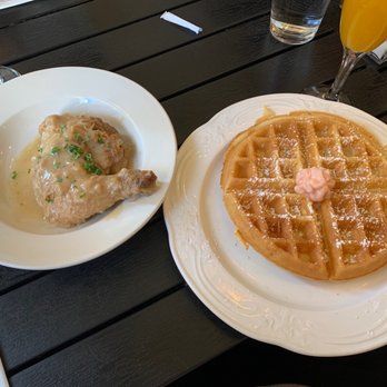 Melba's Restaurant - Smothered Chicken (Black) with Southern Fried Chicken & Eggnog Waffles - Southern Near Me - New York, New York Melba's Restaurant - Smothered Chicken (Black) with Southern Fried Chicken & Eggnog Waffles - Southern Near Me - New York, New York