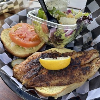 Hook’d Pier Bar & Grill - Blackened grouper sandwich and subbed side sales with blue cheese on the side. Amazing! - New American Near Me - Panama City Beach, Florida