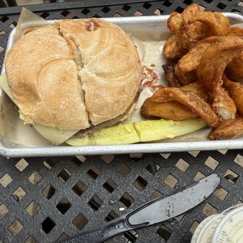 Ocracoke Oyster Company - Plain burger with swiss cheese, cooked to a beautiful medium rare for the dogs. - Seafood Near Me - Ocracoke, North Carolina