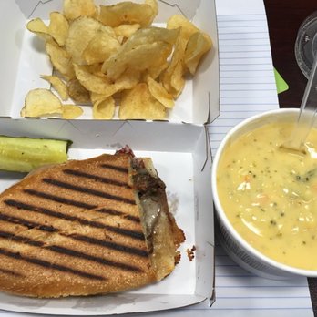 Panera Bread - Pick 2 - broccoli cheddar soup, half a steak panini and chips. - Sandwiches Near Me - Seekonk, Massachusetts
