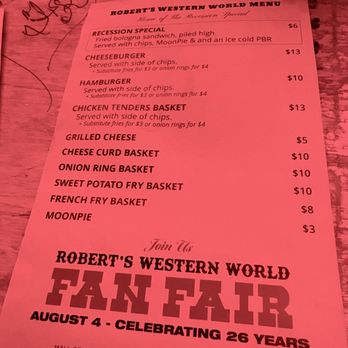 Robert's Western World - Menu. Recession Special is a must order. - Music Venues Near Me - Nashville, Tennessee Robert's Western World - Menu. Recession Special is a must order. - Music Venues Near Me - Nashville, Tennessee