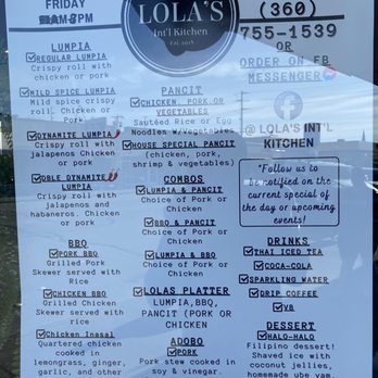 Lola's Int'l Kitchen - Window menu - Filipino Near Me - Burlington, Washington Lola's Int'l Kitchen - Window menu - Filipino Near Me - Burlington, Washington