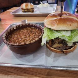 Post Game Pub & Sedona Grill - Mushroom and Swiss burger with baked beans