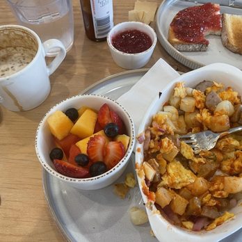 Mychal's Cafe - Mykie's scramble with side of fruit, toast with homemade raspberry jam and cappuccino (already ate half!) - Coffee & Tea Near Me - Redondo Beach, California Mychal's Cafe - Mykie's scramble with side of fruit, toast with homemade raspberry jam and cappuccino (already ate half!) - Coffee & Tea Near Me - Redondo Beach, California