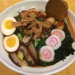 Zen Ramen & Sushi - Spicy Vegetable Ramen with added egg, menma, narutomaki and wakame seaweed!