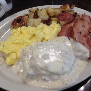 Red Fox Diner - Country Style Breakfast- "Spiral cut Ham piled high with 2 eggs any style , Plus a Biscuit topped w/Sausage gravy - Breakfast & Brunch Near Me - Lighthouse Point, Florida