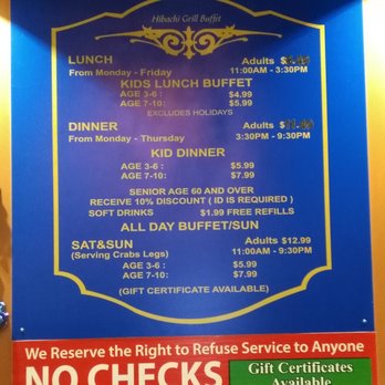 Hibachi Grill Super Buffet - Menu. $8.49 for Mo-Fr lunch. $11.49 for Mo-Th dinner. $12.99 all day, Fr-Su dinner. - Japanese Near Me - Mesa, Arizona Hibachi Grill Super Buffet - Menu. $8.49 for Mo-Fr lunch. $11.49 for Mo-Th dinner. $12.99 all day, Fr-Su dinner. - Japanese Near Me - Mesa, Arizona