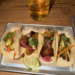 Shrimp m, pork belly, and ribeye tacos w/ a Jameson splash of ginger ale