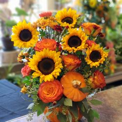 Kern Park Flower Shoppe - Custom arrangement of sunflowers and roses in a pumpkin