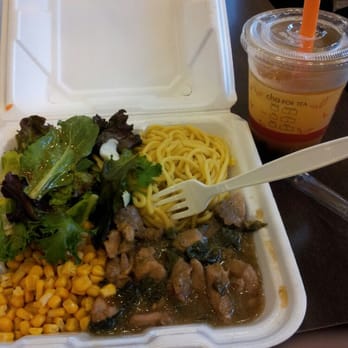 Cha For Tea - Basil chicken with noodles and iced mango green tea with boba - Coffee & Tea Near Me - Irvine, California Cha For Tea - Basil chicken with noodles and iced mango green tea with boba - Coffee & Tea Near Me - Irvine, California