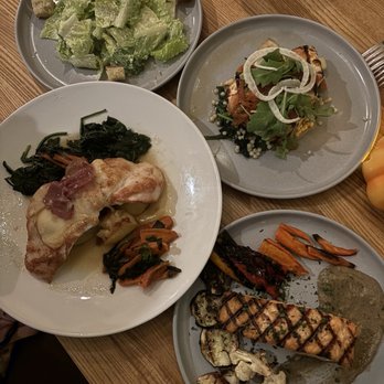Adriatic Restaurant & Bar - Caesar Salad, Salmon (containes sesame seeds), Chicken Saltimbocca (left), swordfish (top right) - Italian Near Me - Salem, Massachusetts Adriatic Restaurant & Bar - Caesar Salad, Salmon (containes sesame seeds), Chicken Saltimbocca (left), swordfish (top right) - Italian Near Me - Salem, Massachusetts
