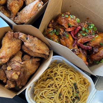 Shlap Muan Chicken Wings - Pekang- top left. Spicy Cambodian dirt bottom left. Garlic noodles. The dirty Elvis top right - Chicken Wings Near Me - Long Beach, California Shlap Muan Chicken Wings - Pekang- top left. Spicy Cambodian dirt bottom left. Garlic noodles. The dirty Elvis top right - Chicken Wings Near Me - Long Beach, California