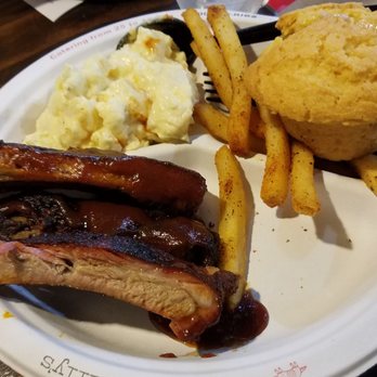 Armadillo Willy's BBQ - Ribs with cajun fries , potato salad and cornbread muffin. - Barbeque Near Me - San Mateo, California