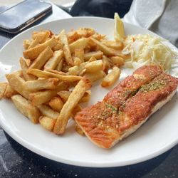 Halibut House Fish & Chips - Grilled salmon and chips