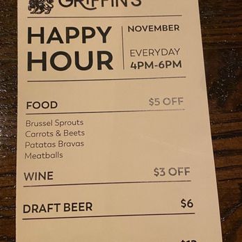 Griffin's - Happy hour menu as of December 1, 2024 - New American Near Me - Brea, California
