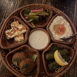 MIXED APPETIZER WITH BABA GHANOUJ, VEGGIE GRAPE LEAVES, FALAFEL, GRILLED HALLOUMI