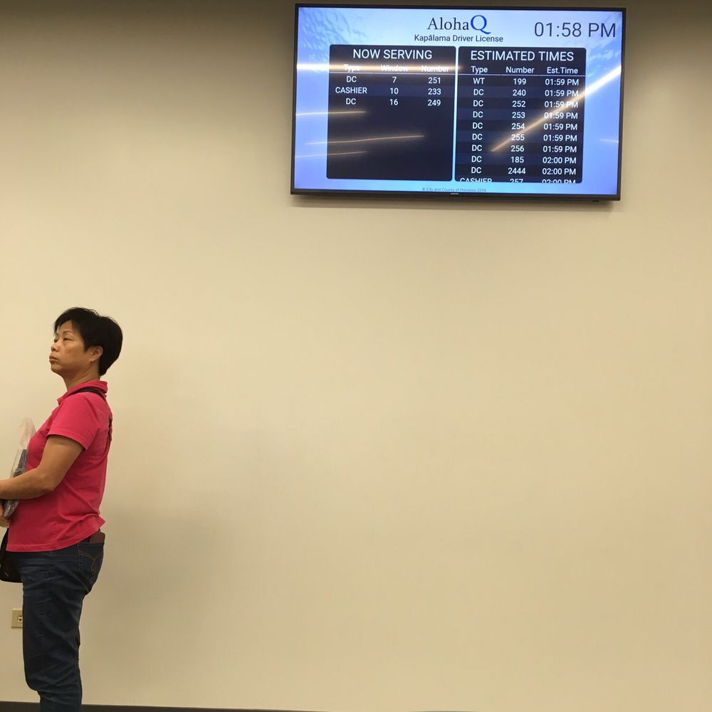 Satellite City Hall - Monitor in the waiting area that displays number called and window to report to - Departments of Motor Vehicles Near Me - Honolulu, Hawaii